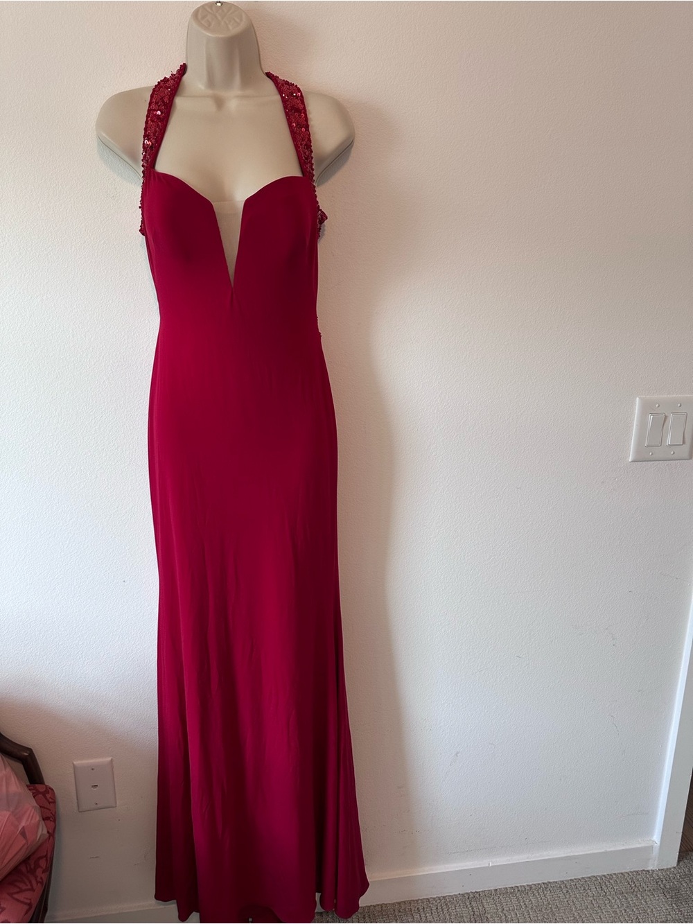 Sequin Halter Red Prom Gown